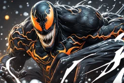 Venom 8k anime sci-art drawing style, clothes 1800 costum , neon effect, close picture, snow, apocalypse, intricate details, highly detailed, high details, detailed portrait, masterpiece,ultra detailed, ultra quality