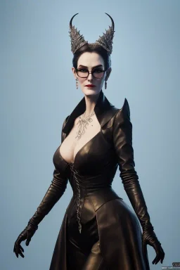 Carmen Dell`orifice as evil queen in black leather, leather, busty, cleavage, angry, stern look. character design by cory loftis, fenghua zhong, ryohei hase, ismail inceoglu and ruan jia. unreal engine 5, artistic lighting, highly detailed, photorealistic, fantasy