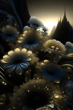 cosmos, scale, phantasmagoria, golden city in space, white, beige, black, blue transparent flowers with gold edging in front, sunset, cascade, fractal, glitter, clear detailed drawing, grotesque, engraving, optical illusion, illustration, surrealism, realistic, beautiful, lumen, professional photo,beautiful,3d, realistic,64k, high resolution, high detail, digital painter1/500