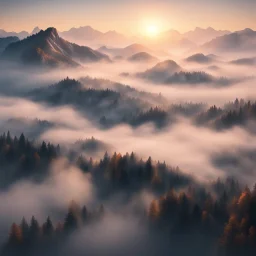 Hyper Realistic Areal view of mountains & trees with thick fog at sunset