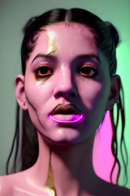 Realistic image, Rosalía artist, portrait, waist up portrait, pink black eye line, sweet, gold and pink geisha style, glow make up, led lights, neon, led piercing nose, fog, rain, latex, vibrant color, highly detailed, art stations, concept art, smooth, unreal engine 5, god rays, ray tracing, RTX, lumen lighting, ultra detail, volumetric lighting, 3d, finely drawn, high definition, high resolution.