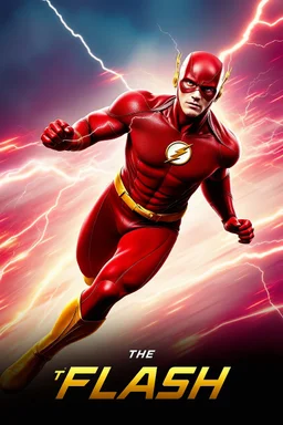 1/4 side view, looking at the viewer, Movie Poster - "THE FLASH" - A massive, thick, extremely muscular, 7'8" tall man, ((skintight, formfitting, long-sleeved, red spandex bodysuit:1.5)), ((gold knee-high boots:1.5)), ((gold wrist gauntlets, red fingerless gloves, gold, double holstered utility belt:1.5)), ((skintight, formfitting, red spandex helmet with red eye disguise,:1.5)), Running in the speedforce, multicolored lightning emanating from his body, an overly exaggerated muscular stature