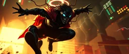 vampire cyberpunk action scene, acrobatic dodge, cape harlekin, spider venom, sun glasses, sinner, spirit, halo, will o wisp