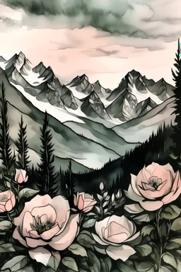 Roses in front of the Rocky Mountains; Ink wash with blush pink