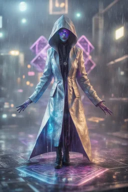 paradise sacred geometry framed playing card, black, blue and purple neon cyber punk dancer thief in soaked rain coat shadows boss card in the style of Giger and fallout 4 ,,bokeh like f/0.8, tilt-shift lens 8k, high detail, smooth render, down-light, unreal engine