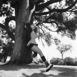 [high-resolution photo by Russ Meyer] she swings in her socks, under a tree [bottom view].