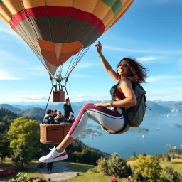 very beautiful lady with beautiful sports pant and top and sports shoes with curvy hair in a nice hot air balloon with a few people in sky of a nice villa yard with trees flowers ,in country side in floor of beautiful mountains ,sea with ships ,water falls ,