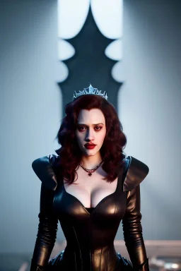 Kat Dennings as evil queen in black leather gown, cleavage, angry, stern look, unreal 5, octane render,cinema4d, dynamic lighting, dramatic lighting, 4k, redshift render, highly detailed, hyper realistic