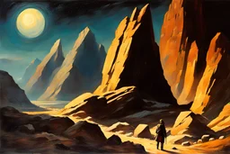 night, rocks, cosmic fantasy influence, enigmatic, mountains, infinite, 90's sci-fi movies influence, wilfrid de glehn and jenny montigny and rodolphe wytsman impressionism paintings