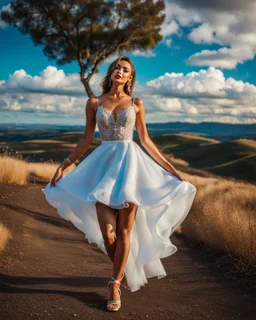 full-body closeup shot of a young, beautiful girl with a perfect face and makeup,wearing pretty dance dress standing in a stage in open air nice hills , blue sky ,pretty clouds at distant