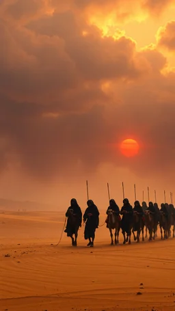 Bosch painting style nightmare , 3D ,a caravan in the desert leading a group of prisoners slave in black tied together to the camels in a dramatic misty scene of the sunset time in a stormy weather in the desert background, high Quality picture , 8k