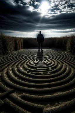 A man enters a labyrinth and the background sky draws the shape of a skull