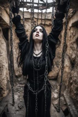 Closeup tall Girl goth with big eyes, fullbody, holding long chains, ragged and old clothes, the perspective looking up from the bottom of an empty well ,8k,macro photography,