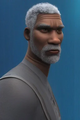 3D render of a cyberpunk tribal old black man, gray hair and goatee, on a dark blue jungle background, digital art