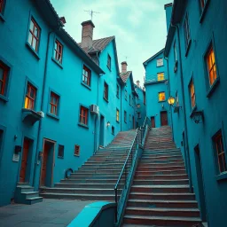 Fotografia di strada assurda e falsa orripilante blu weirdcore dai colori vivaci, liminalcore. Escher. Confusione geometrica. Scale che scendono. Yves Tanguy. Non luogo falso, inusuale. Le case sono false e dipinte di nero chiaro con cose stilizzate e dettagli. Ci sono finestrelle false quadrate, che danno un senso distopico e molto surreale, disposte in modo casuale. L'atmosfera generale sembra noiosa e onirica, con un contrasto tra elementi reali ed elementi dipinti falsi, René Magritte