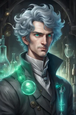 portrait of a human male alchemist inventor with Black grey Hair with Bluish green eyes looks to be in his 30