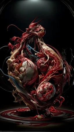 cinematic gore Bosch vs Dali style photorealistic photo of a mangled embryonic horse wrestling itself in a sinewy fleshy soul vortex, anatomically fragmented, ripped apart again being flayed, skinned alive beating heart, muscles, blood vessels, bowels, entrails, capillaries, oozing puss are exposed. Visceral anatomy. physiology. Their face and body opens with a zipper. Bosch and Dali inspired hallucinations. mythology. grotesque.