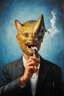man with catfish shark head smoking a cigarrette in the style of klimt