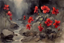 Mistery night, mist, rocks, red flowers, gothic horror, creepy, john singer sargent watercolor paintings