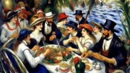 El almuerzo de los remeros de Pierre-Auguste Renoir → Interiorismo de restaurantes → Impresionismo → Toldos de lona, mobiliario de mimbre y cristalerías vistosas → Composición grupal dinámica y fragmentada → Luz solar tamizada, cálida y festiva → Azul marino, blanco, rojo coral y verde follaje → Atmósfera jovial, festiva y de vitalidad social