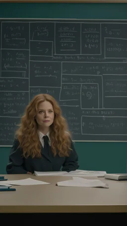 Empty classroom [snapshot of Russian Doll TV series by Natasha Lyonne, Leslye Headland, and Amy Poehler, (2019)] In front of the blackboard with complex mathematical probability and PDE formulas, an empty classroom