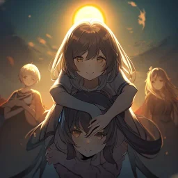 Clear Focus, High resolution, 2 girls hugging, the two girls is a human version of sun and moon, sun if happy and moon is sad, sun in the background