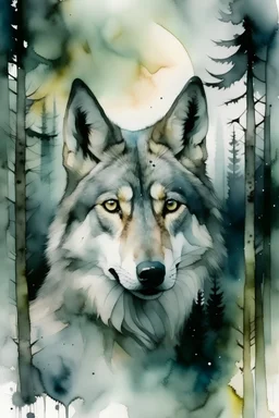 Front face of Wolf, Forest in the background with Full Moon, Aquarel