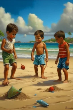 cuban little boys on the beach playing in the sandin the distand painting