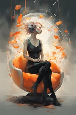 An ethereal, futuristic illustration of a woman in a state of musical immersion, with her eyes closed and a serene expression. She sits in a living chair that is alive with organic shapes and glowing orange elements, ready to embrace her. The background is soft and surreal, contributing to the otherworldly mood., by Ryohei Hase, Agnes Cecile, Raymond Swanland, Anne Bachelier