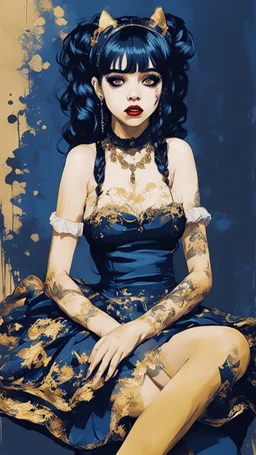 Poster in two gradually, a one side malevolent goth vampire girl face and other side the Singer Melanie Martinez face, full body, sit pose, painting by Yoji Shinkawa, darkblue and gold tones,