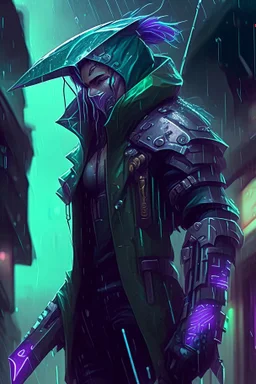 Shen from League of Legends in style cyberpunk in the rain