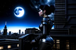 Fantasy Photo Of A Woman With Black Hair, Wearing A robot-looking suit, standing sideways On A Ledge of a building, With A waning moon Behind Her Head