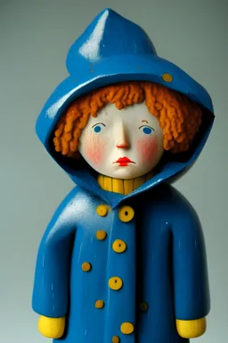 man, wooden doll, in a blue-yellow raincoat, with a blue hat, with red curls on her head, brown eyes