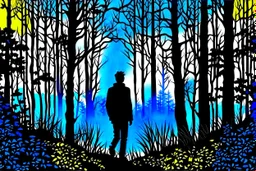 a backdrop of dusk a solitary figure silhouette of a person, is depicted, moving away from the viewer into a dense forest in a misty landscape, hinting at the need for secrecy and seclusion. The colors could be muted, evoking a sense of mystery and suspense. deep colors, harmonic stunning colors transition, black ink, mystic, surreal style, detalied, high textures, alone mood