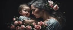 Hyper Realistic side portrait of a mother carrying her child with flowers & roses around them at night in a dark room