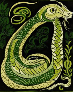 An olive green poison elemental cobra designed in Bayeux tapestry painted by John Singer Sargent