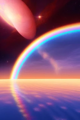 Ufo rainbow, intergalactique, trés belles couleurs, cosmic, colours, planet, gold, realistic, beau paysage futuriste, vaisseau extra terrestre arc en ciel