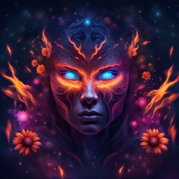 neon, abstract, amazing shadow and lightning, 4k, cinematic, glowing eyes, cosmic face, dream, space, stars, amazing, art, glowing, fire, fantasy, ultimate, insane, digital painting, watercolor, flowers, flower background, pagan, runes