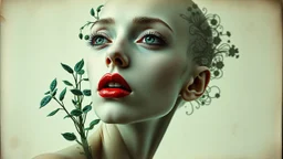 old retro photograph, light vignette, faded, worn and cracked, double exposure, surrealism, female humanoid from another world, red lips, half body, greenish blue pale transparent glowing skin, bald head, plants growing out of head, tattoo on head, alien transparent eyes, double exposure, hyperdetail, double exposure, Anna Razumovskaya, Anna Dittmann, Luis Royo, Neo-impressionism, expressionism, oil painting. Bold, detailed and textured brushstrokes reminiscent of Royo and Peter Coulson. Deep co