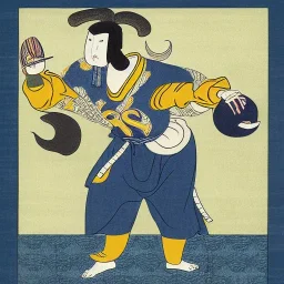 Ukiyo-e style illustration of blue and yellow Bighorn Ram holding a football