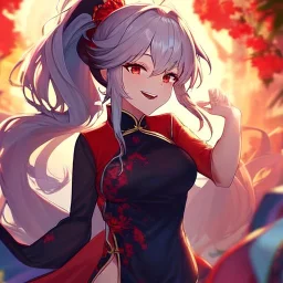 Clear focus, 8k, high quality, detailed, beautiful lighting, girl, vibrant colors, white long hair, vibrant red eyes, messy hair, ponytail, chinese clothes, laughing, angry, black eyelashes,