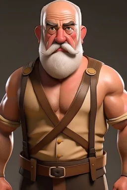 fantasy old muscular male dwarf white beard and hair wearing a tan shirt and brown pants with suspenders played by sean connery