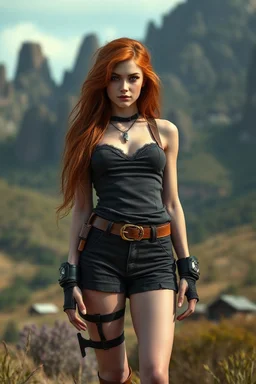 Photorealistic full-height photo of a fantasy skinny pin-up girl in steampunk shorts with long, dark ginger hair in a fantasy landscape