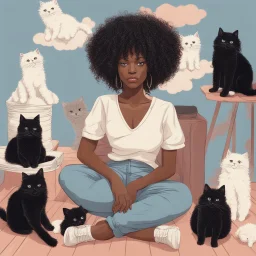 Portrait of black woman with curly hair sitting in room full of clouds and fluffy kittens