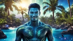 beautiful gorgeous young man na'vi with long hair, Avatar, blue skin, two small ears, green eyes, black hair, in cosmic suit, galactic ambiance, medium pointy goatee , smiling, with spaceship and planets and palm trees and clear crystaline cosmic beach in background