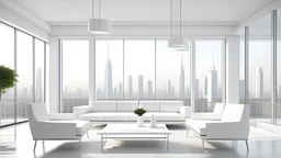White conference interior with work table and armchairs, side view relax corner with sofa and shelf with decoration. Panoramic window on skyscrapers. 3D rendering