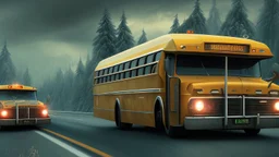 a school buss driving on the freeway, full of orcs, perfect composition, hyperrealistic, super detailed, 8k, high quality, trending on artstation, studio photo, highly detailed, wide borders