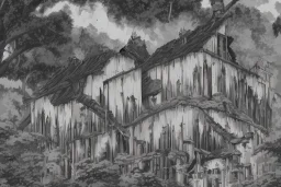  Wednesday Adams, black and white, tall narrow scary house , pointy roof, cursed trees , dense dark forest, forest background, spiders, bats, bones, Escher style