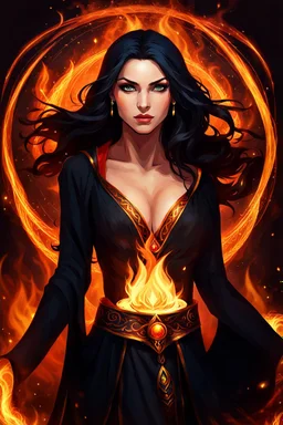 a beautiful fire mage. Intense flames burst forth from her eyes, underscoring her mystical abilities. arcane garments, with fire dancing over her and her untamed black hair.