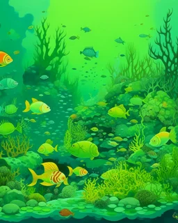 A lime green underwater reef with poisonous fish painted by Qiu Ying